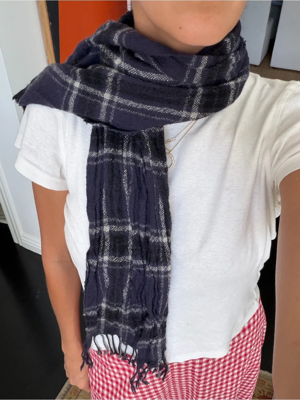 Isabel Marant Navy and White Plaid Scarf with Fringe